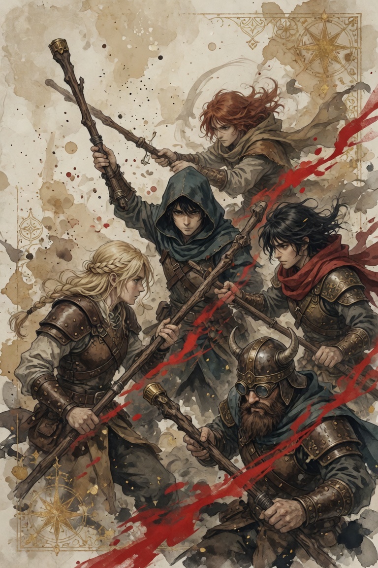 The Five of Wands tarot card from the Dungeons and Dragons deck: five figures clashing with wooden staves in a whirl of fire and motion, the tarot card of creative friction, rivalry and the spark that competition strikes